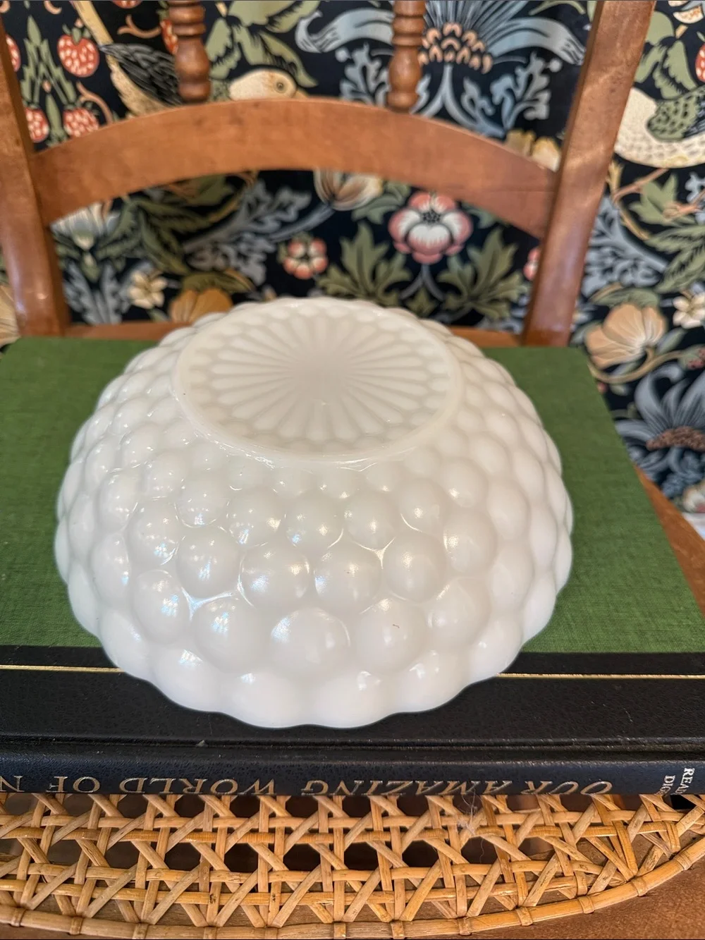 Vintage 1950's Anchor Hocking Bubble Pattern Milk Glass Bowl Scalloped Edge